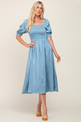 Blue Satin Puff Sleeve Midi Dress