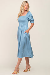 Blue Satin Puff Sleeve Midi Dress