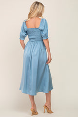 Blue Satin Puff Sleeve Midi Dress