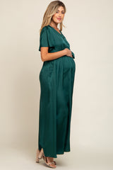 Green Satin Wrap Front V-Neck Short Sleeve Side Slit Maternity Maxi Dress