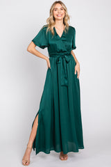 Green Satin Wrap Front V-Neck Short Sleeve Side Slit Maxi Dress