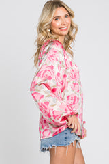 Beige Floral Satin Long Sleeve Top