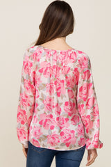 Beige Floral Satin Long Sleeve Maternity Top