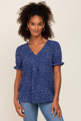 Navy Dot Print Puff Sleeve Blouse