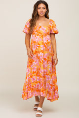 Orange Floral Square Neck Short Puff Sleeve Maternity Midi Dress