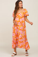 Orange Floral Square Neck Short Puff Sleeve Maternity Midi Dress