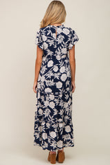 Navy Floral Tiered Ruffle Accent Maternity Maxi Dress