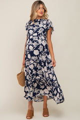 Navy Floral Tiered Ruffle Accent Maternity Maxi Dress