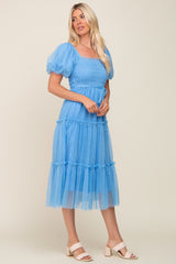 Light Blue Tulle Smocked Tiered Midi Dress