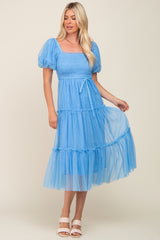 Light Blue Tulle Smocked Tiered Midi Dress