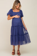 Navy Tulle Smocked Tiered Maternity Midi Dress