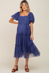 Navy Tulle Smocked Tiered Maternity Midi Dress