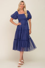 Navy Tulle Smocked Tiered Midi Dress