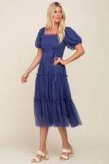 Navy Tulle Smocked Tiered Midi Dress