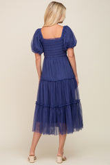 Navy Tulle Smocked Tiered Midi Dress