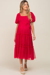 Magenta Tulle Smocked Tiered Maternity Midi Dress