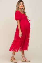 Magenta Tulle Smocked Tiered Maternity Midi Dress