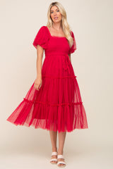 Magenta Tulle Smocked Tiered Maternity Midi Dress