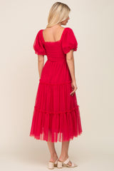 Magenta Tulle Smocked Tiered Midi Dress