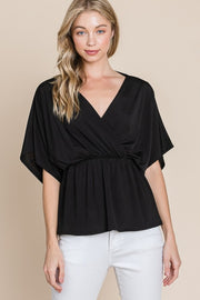 Black Solid Tunic Top Front Wrap