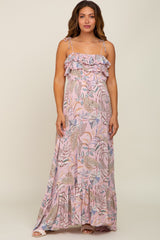 Pink Floral Ruffle Top Back Cutout Maternity Maxi Dress