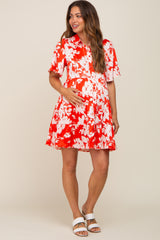 Red Floral Collared Tiered Maternity Dress