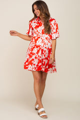 Red Floral Collared Tiered Maternity Dress