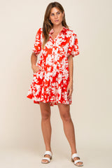 Red Floral Collared Tiered Dress