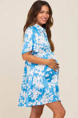 Blue Floral Collared Tiered Maternity Dress