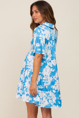 Blue Floral Collared Tiered Maternity Dress