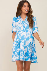 Blue Floral Collared Tiered Maternity Dress