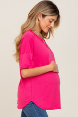 Fuchsia Oversized V-Neck Cuffed Short Sleeve Maternity Tee