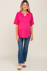 Fuchsia Oversized V-Neck Cuffed Short Sleeve Maternity Tee