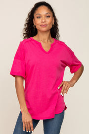 Fuchsia Oversized V-Neck Cuffed Short Sleeve Tee