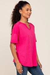 Fuchsia Oversized V-Neck Cuffed Short Sleeve Tee