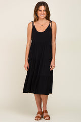 Black Sleeveless Tiered Midi Dress