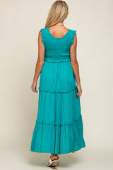 Turquoise Smocked Ruffle Tier Maternity Maxi Dress