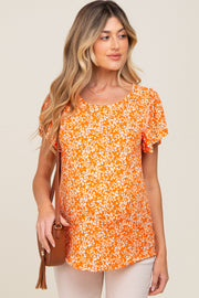 Orange Floral Ribbed Ruffle Short Sleeve Maternity Top