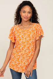 Orange Floral Ribbed Ruffle Short Sleeve Top