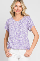 Lavender Floral Ribbed Ruffle Short Sleeve Top