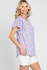 Lavender Floral Ribbed Ruffle Short Sleeve Top