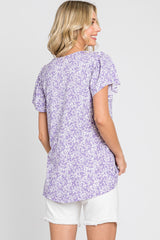 Lavender Floral Ribbed Ruffle Short Sleeve Top