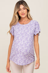 Lavender Floral Ribbed Ruffle Short Sleeve Maternity Top