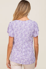 Lavender Floral Ribbed Ruffle Short Sleeve Maternity Top