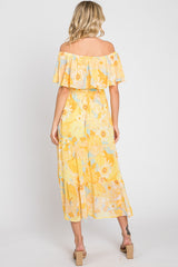 Yellow Floral Flounce Off Shoulder Midi Dress