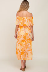 Orange Floral Flounce Off Shoulder Maternity Midi Dress