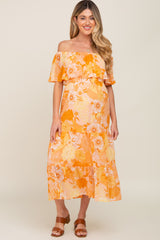 Orange Floral Flounce Off Shoulder Maternity Midi Dress