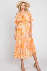 Orange Floral Flounce Off Shoulder Maternity Midi Dress