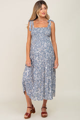 Light Blue Floral Smocked Shoulder Tie Maternity Midi Dress