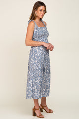 Light Blue Floral Smocked Shoulder Tie Midi Dress